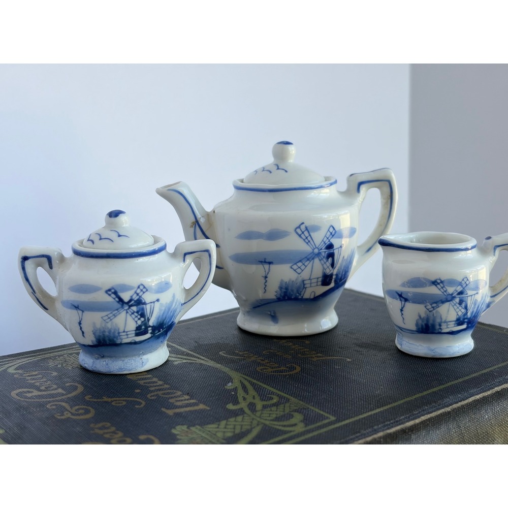 Vintage Miniature Tea Set Blue White Windmill Japan Teapot Sugar Creamer 3pc